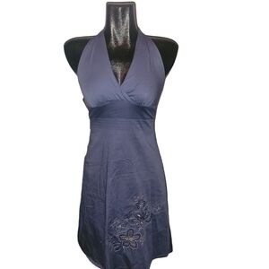 Digital clothing grayish blue halter dress with embroidered detailing